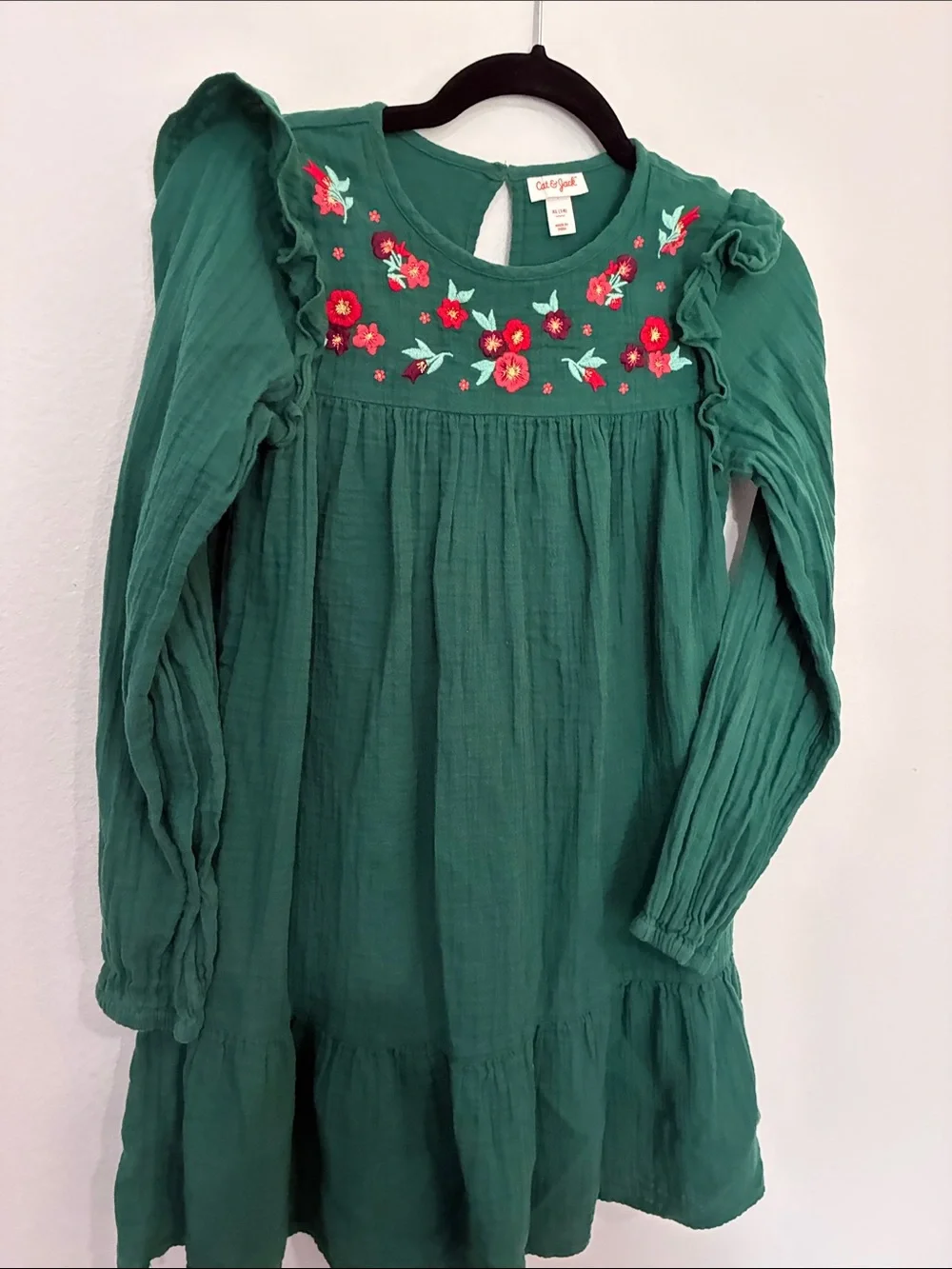 Cat & Jack Emerald Green Floral-Embroidered Long Sleeve Dress